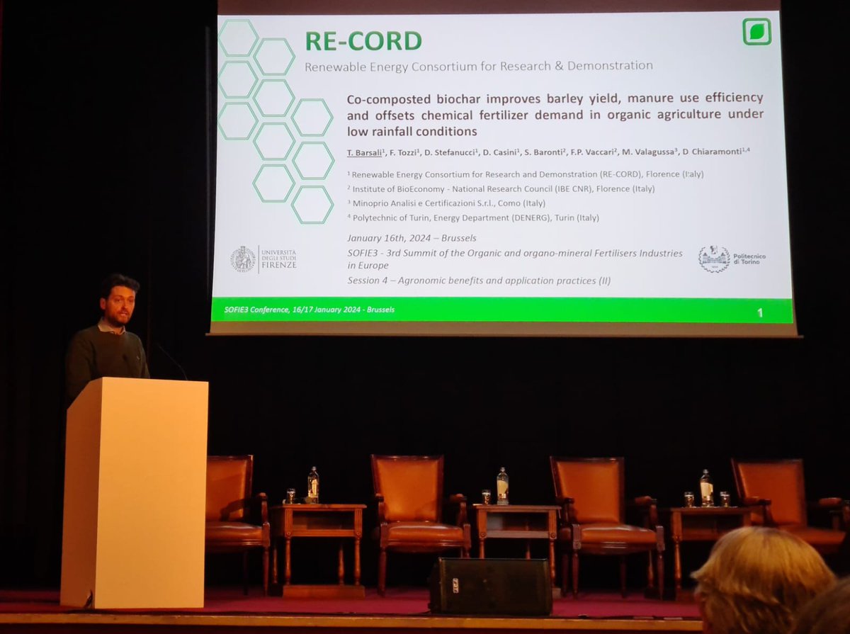 Our agronomist <a href="/tommasobarsali/">Tommaso Barsali</a> presenting results from our field trials with co-composted #biochar and manure on organic barley cultivation and soil carbon stock today during the #SOFIE3 organized by the <a href="/PhosphorusESPP/">Phosphorus Platform</a> in Brussels.