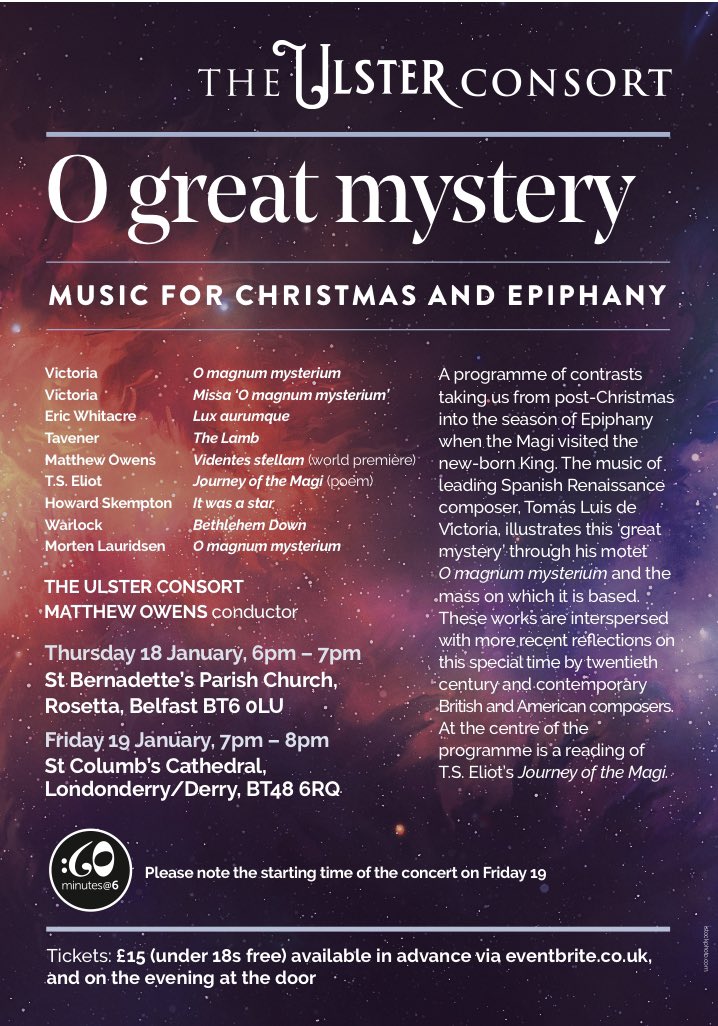 The @ulsterconsort’s first concerts of Season 2024: 18/19 Jan in Belfast and Londonderry/Derry. Music by Victoria, @EricWhitacre , @howardskempton1, Tavener, Warlock, and me! Tickets at the door or via eventbrite.com/o/58788991303 ** Under 18s are FREE ** Please do join us!