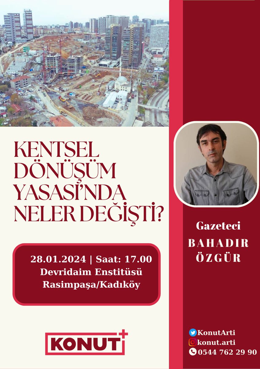 📌Rezerv yapı alanı nedir? 
📌6036 Sayılı Kanun’da neler değişti? 

28 Ocak’ta Kentsel Dönüşüm Yasası’ndaki değişiklikleri konuşmak için buluşuyoruz. Konut+ olarak ilk buluşmamızı gerçekleştiriyoruz.
<a href="/bahadir_ozgr/">bahadır özgür</a> 
📆28.01.2024
⏰17.00
📍Devridaim Enstitüsü