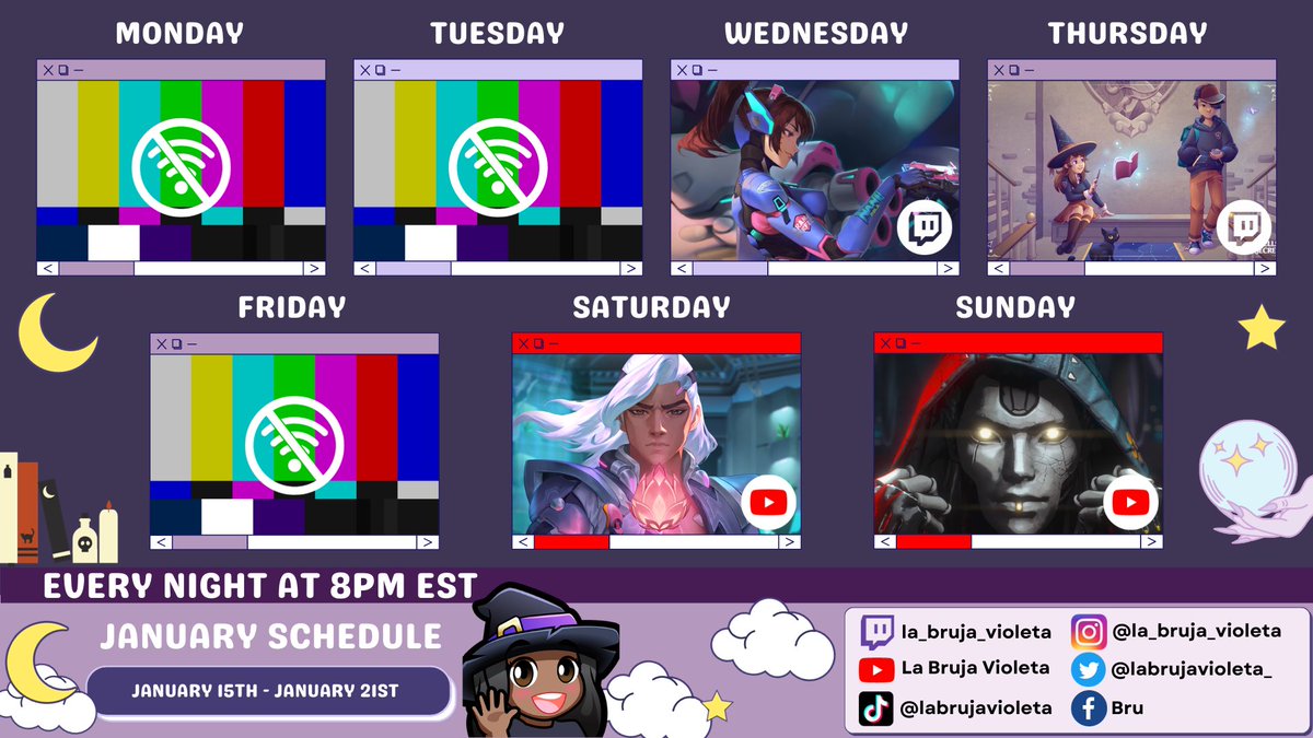 labruja_violeta's tweet photo. THE LAST WEEK OF A WONKY SCHEDULE loll
January has been a hectic month so far! I promise we'll be back to a normal schedule next week! This week, we've got #overwatch2 and #spellsandsecrets for stream and two new #youtube videos!
#twitch #twitchstreamer #gaming https://t.co/LleRNXp1SI
