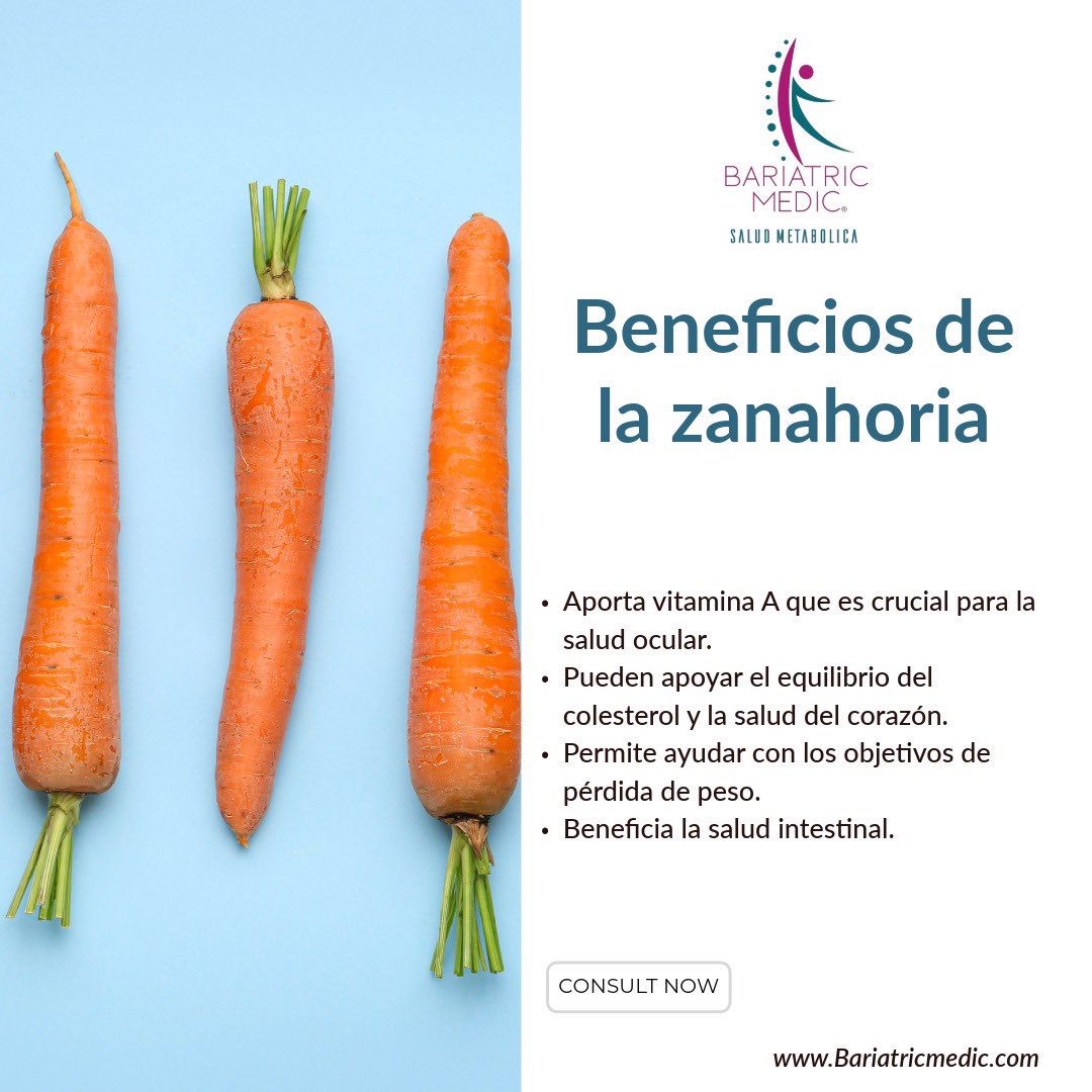 Zanahoria🥕🥕🥕
Deliciosas en crudo, ricas en vitaminas A, B6 y C, y en potasio, hierro y yodo, las zanahorias son una gran fuente de fibra, importante a la hora de perder peso, porque genera sensación de saciedad.

#RetaTuPeso #BariatricMedic