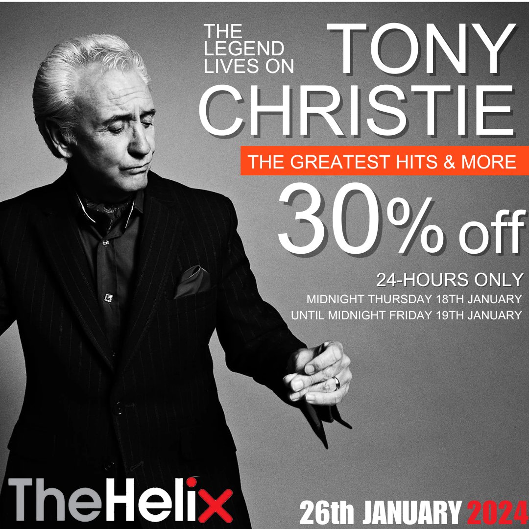 30% off Tony Christie tickets at The Helix on 26th Jan 2024! 24-hour flash sale TODAY only! Offer ends midnight 19th Jan. USE CODE: AMARILLO TO BOOK: tinyurl.com/4kxxprz3 @PatEganMGT #TonyChristie #TheHelix #Amarillo #DublinEvents