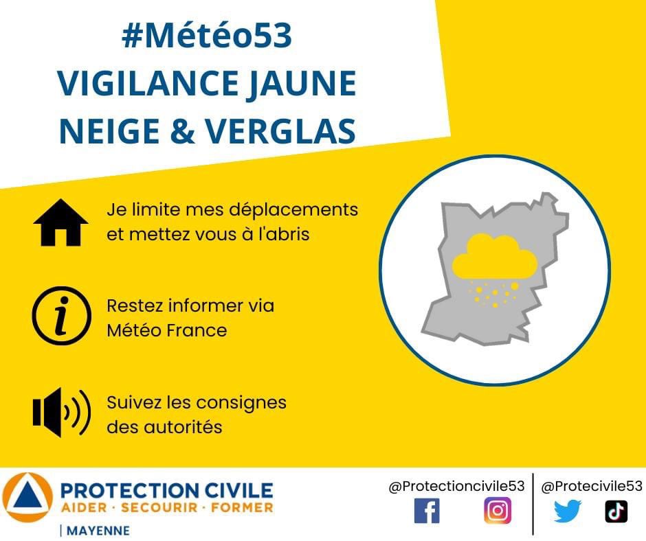 🟨[NEIGE &amp; VERGLAS - PLUIE &amp; INONDATION ]🟨

🌧️ Le Département de <a href="/lamayenne/">La Mayenne, le Département</a> passe en VIGILANCE JAUNE !

📻 Restez informé : Sur les prévisions  <a href="/meteofrance/">Météo-France</a> et suivez les conseils de la <a href="/Prefet53/">Préfète de la Mayenne</a> 

📱Chargez vos téléphones : Ayez vos téléphones chargés pour rester connectés.