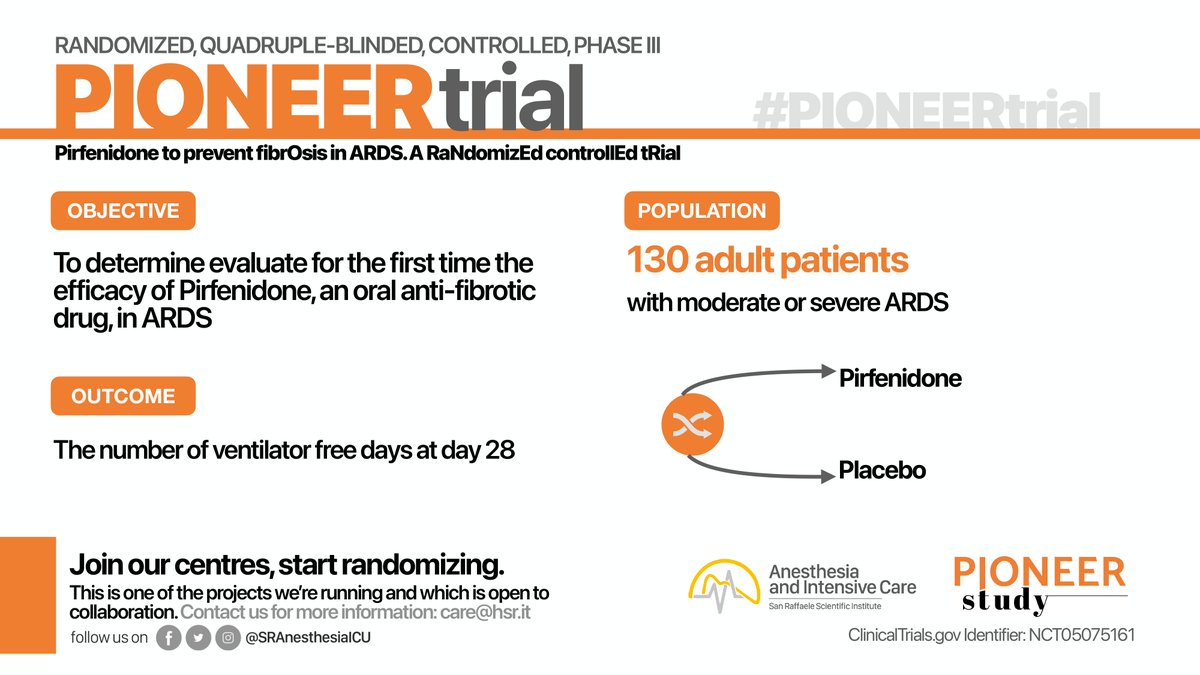 SRAnesthesiaICU's tweet image. 1/

Want to join our ARDS projects?🫁

We have 2 ongoing #ARDS projects:

1⃣ PIONEER: randomized trial on anti-fibrotic drug

🔸10 patients/2 years are enough👍

You don&apos;t have to be an ARDS center!

🔸Study drug (Pirfenidone) will be provided

#FOAMcc