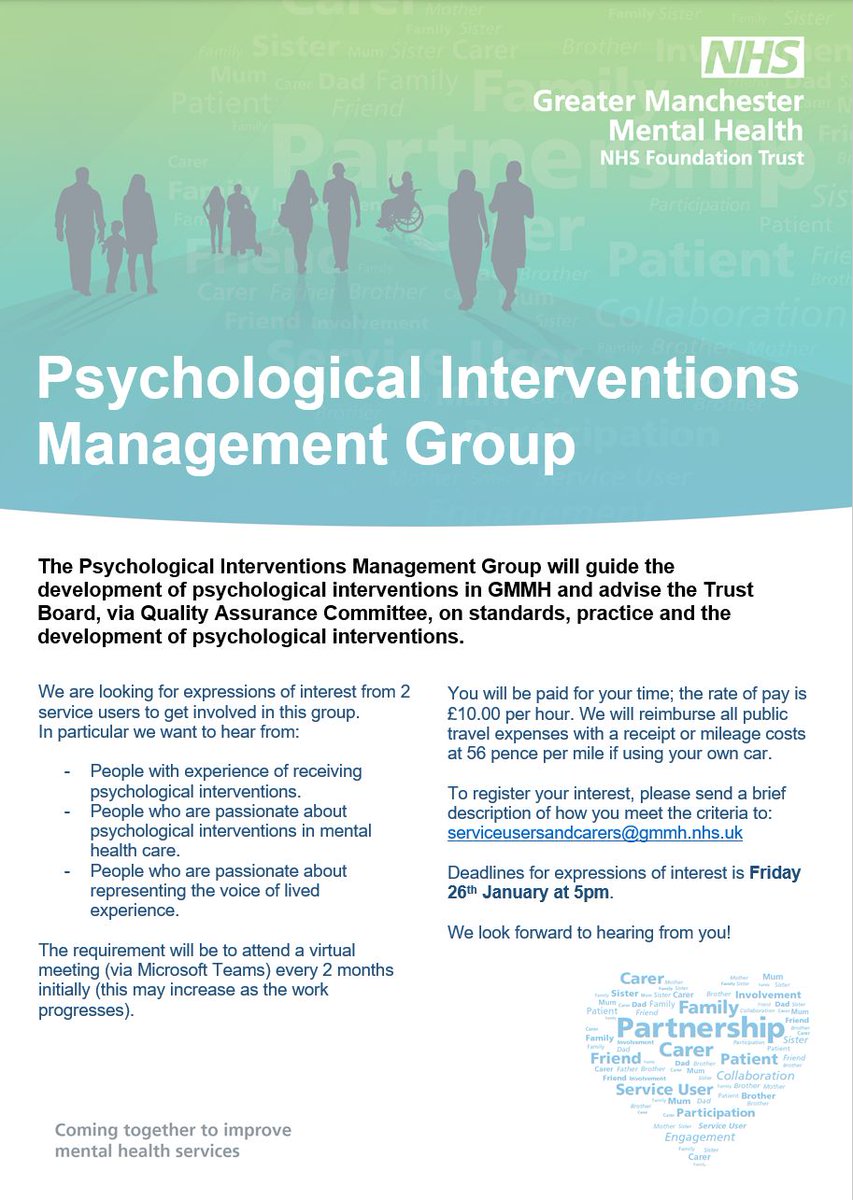 Would you like to influence how psychological interventions are used and developed at GMMH?

If you have experience of receiving psychological interventions with us, check out the below opportunity or email ServiceUsersandCarers@gmmh.nhs.uk for more info 📩 

#GMMHGetInvolved