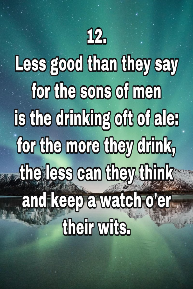 Reminder that getting drunk is completely degenerate and anti-Pagan. 

The image of a drunken "Viking" is anti-European LIE-propaganda. 

Real Pagans are good role-models. 🧙‍♂️

Stanza 11 &amp; 12 from Hávamál: