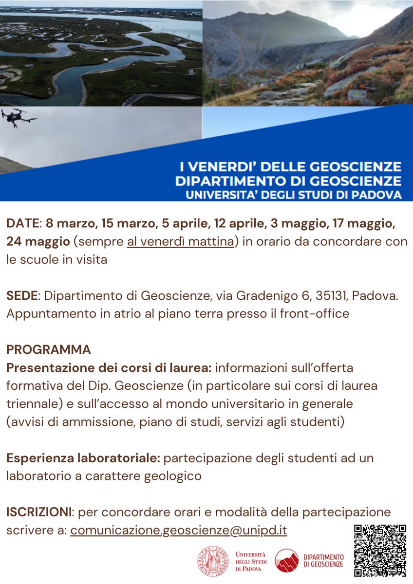 I Venerdì delle Geoscienze: 7 incontri per - offrire una panoramica sull’offerta formativa del Dipartimento di Geoscienze - far partecipare gli studenti ad un’esperienza laboratoriale che possa aumentare interesse e consapevolezza Info: geoscienze.unipd.it/offerta-format…