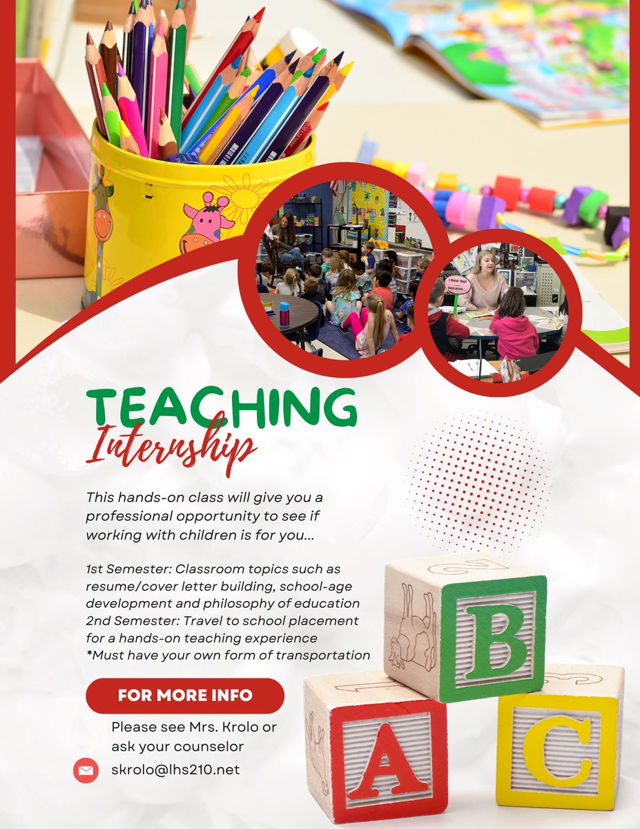 Love working with kids? Interested in a class that gives you hands on career exploration opportunities? Then Teaching Internship is for you!! Please reach out to Mrs. Krolo for more info 📚✏️🍎
