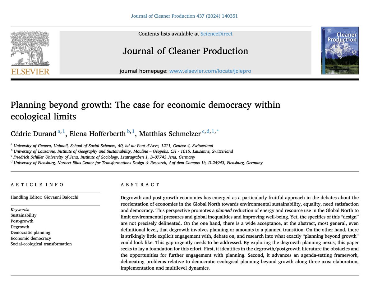 I am thrilled to share our new paper, with @E_Hofferberth & @cedric_durand, Open Access in the Journal of Cleaner Production Planning beyond growth: The case for economic democracy within ecological limits. 1/ sciencedirect.com/science/articl…