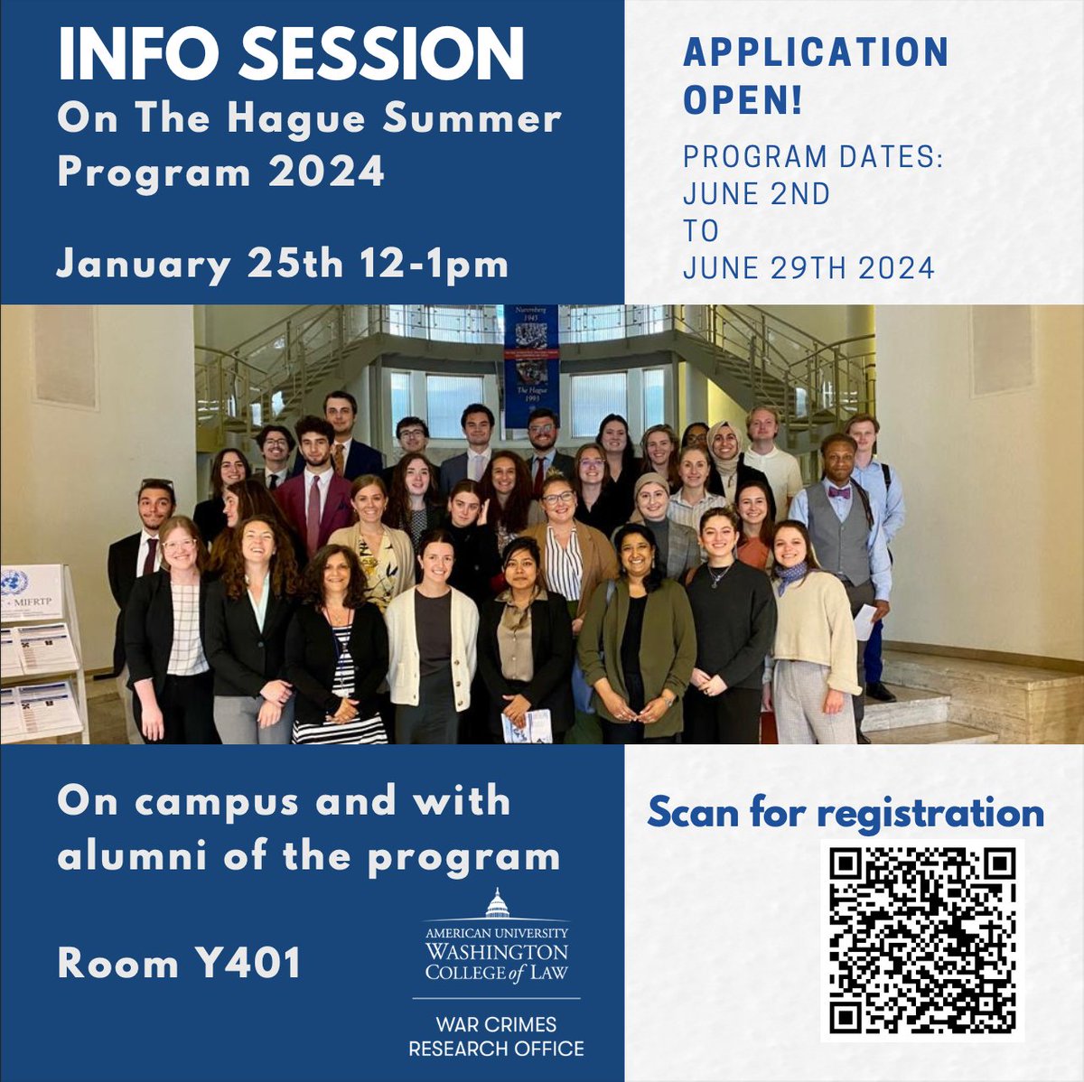 Join the Hague Summer Program Info Session! 📅 Jan 25, 12-1 PM, Room Y401. Dive into International Criminal Law &amp; Terrorism studies. Register now ! Apply  abroad.wcl.american.edu/index.cfm?Fuse…🎓 Questions? Email us hagueprogram@wcl.american.edu #HagueSummer #StudyAbroad