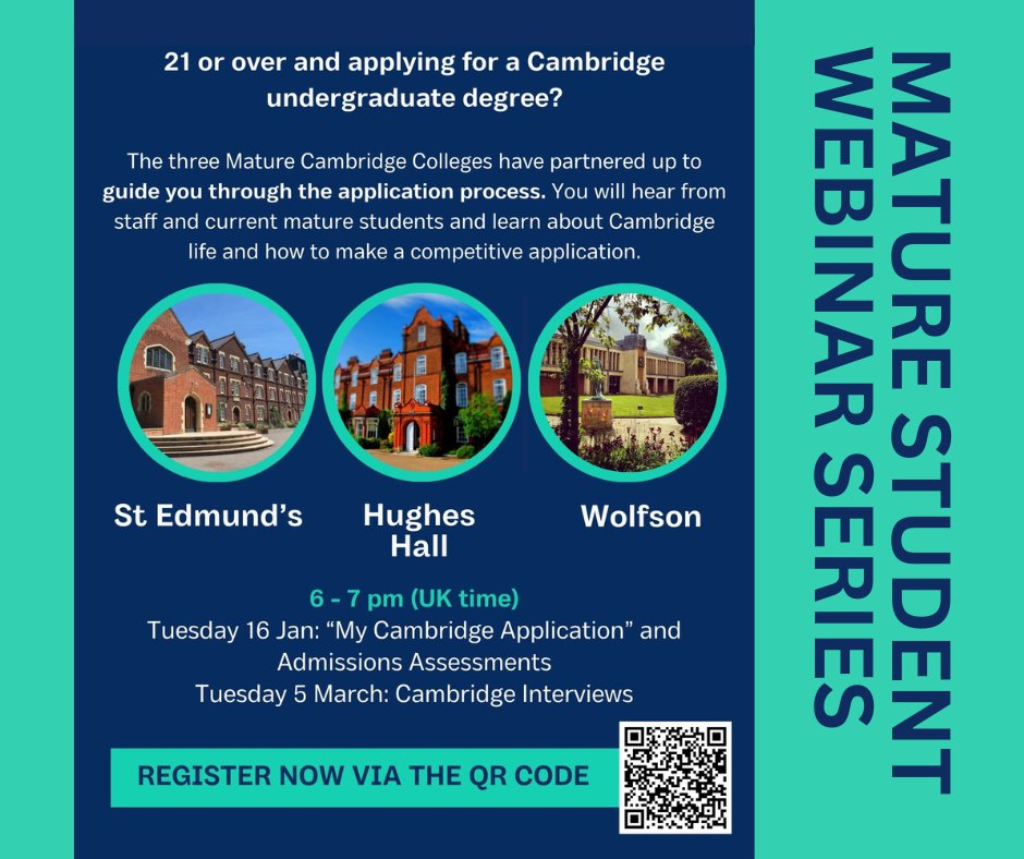 📣 Last call to sign up for today's mature student applications webinar! 

We've teamed up with <a href="/StEdmundsCam/">St Edmund's College, Cambridge</a> and <a href="/WolfsonOutreach/">Wolfson Outreach Cambridge</a> to guide you through the Cambridge applications process. 

Join us tonight at 6pm 🕕 app.geckoform.com/public/#/moder…