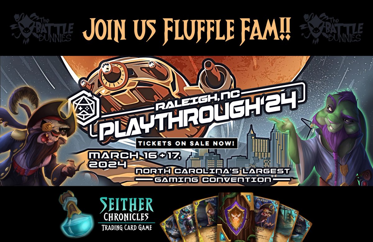 battlebunniesTM's tweet photo. We're hoppin' to @PlaythroughGC in Raleigh, NC!!

Join us #FluffleFam for tons of fun &amp; Games!! 🎲

https://t.co/TBJ6CK7tlu

#gamers #gaming #TCG #BattleBunnies #TradingCardGame #SeitherChronicles #game #playthrough #fun #games #love #family #convention #March #LetsGo #hop https://t.co/g1LDFRHjLF