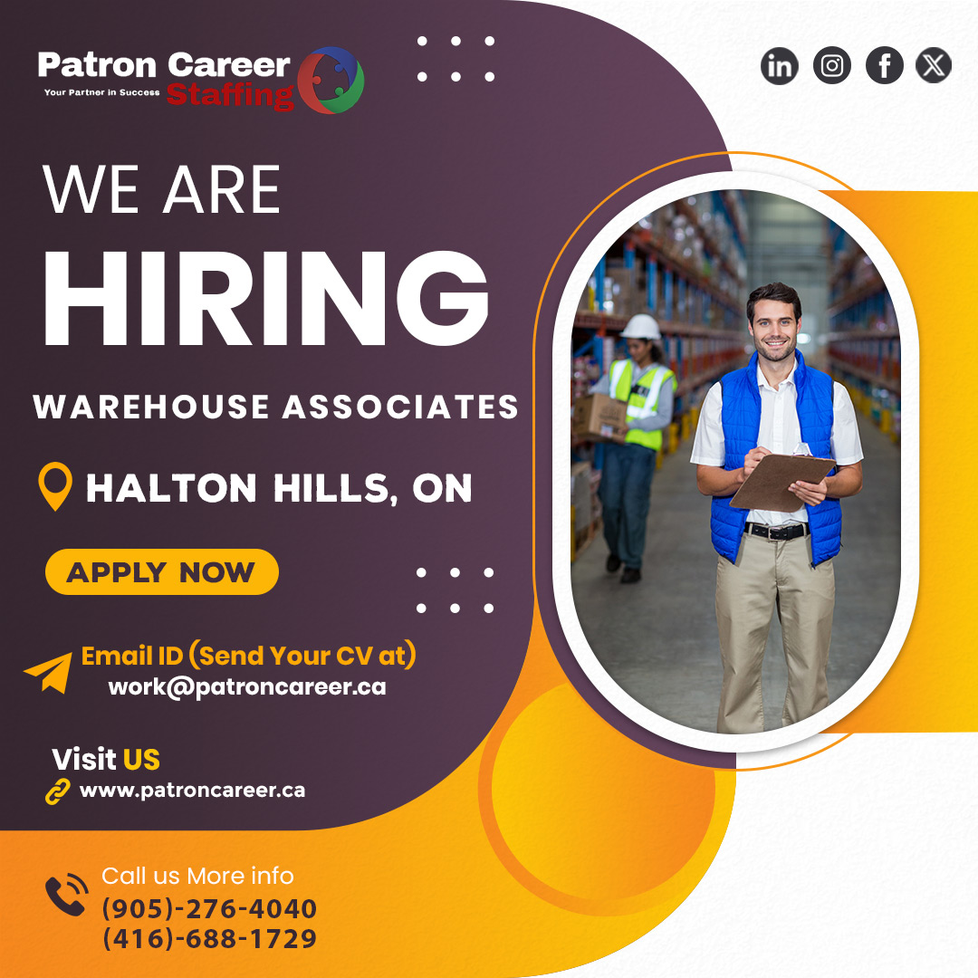 👷We Are Hiring Warehouse Associates 

✅Job Opportunity!
✅Location: Halton Hills, ON

Apply Today: patroncareer.ca/Job_Apply_Form…

Call Now
(905)-276-4040

Email Your CV: work@patroncareer.ca

#wearehiring #warehouseassociate #WarehouseJobs #Halton #deltabc #Haltonjobs #ontariojobs