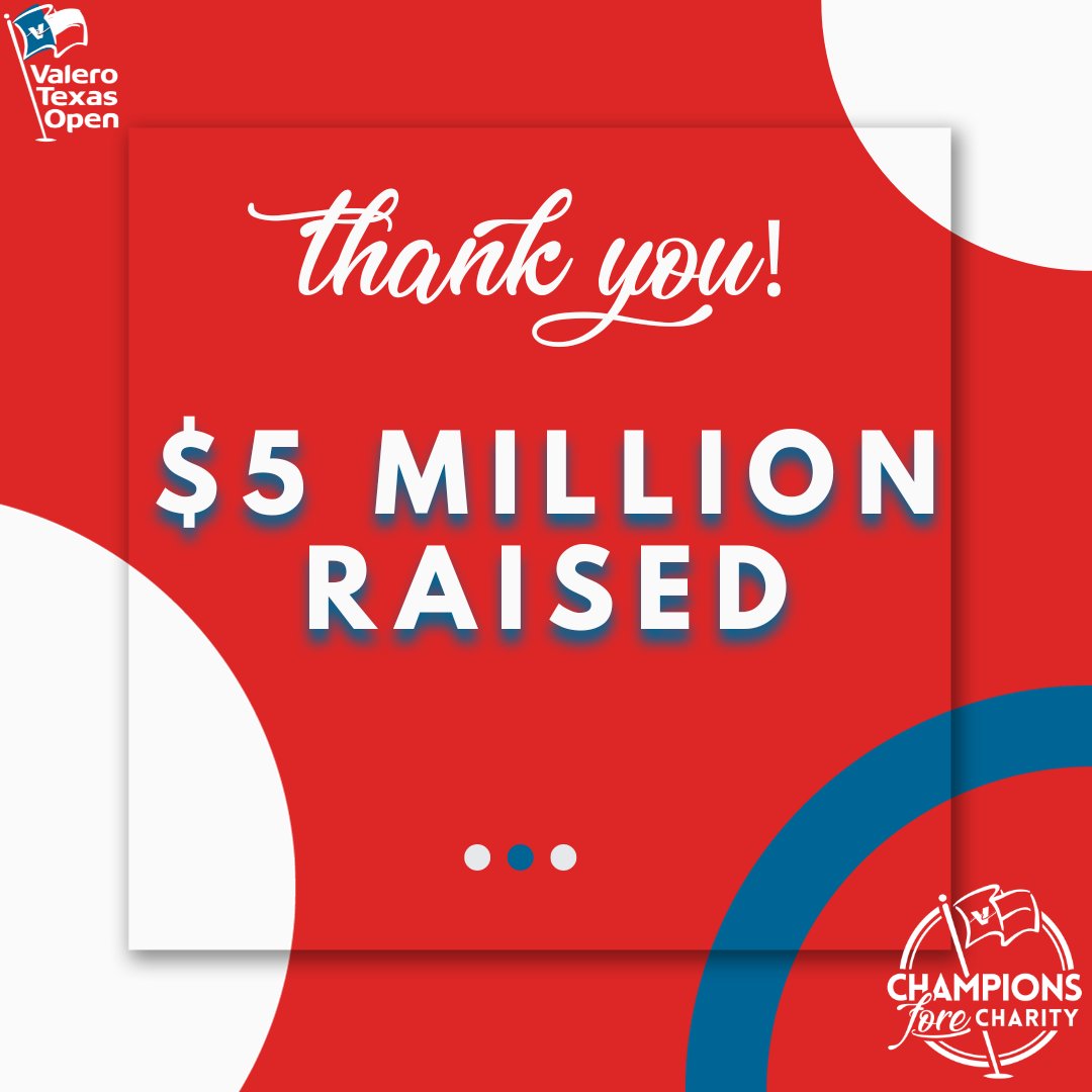 Champions fore Charity has reached an amazing milestone. Together we have been able to raise over $5 million!

Thank you to our participating charities, donors, &amp; sponsors who have made this happen! Let's continue to support our community!

#ChampionsforeCharity #ValeroTexasOpen
