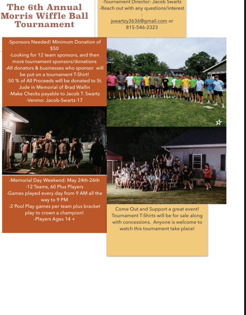 The 6th annual Morris Wiffle Ball Tournament is being organized currently by myself and many others, but we are continuing to look for donations. We are looking to reach our goal of $2000 raised for St. Jude in Memorial of Brad Wallin. Check out our flyer and please share!