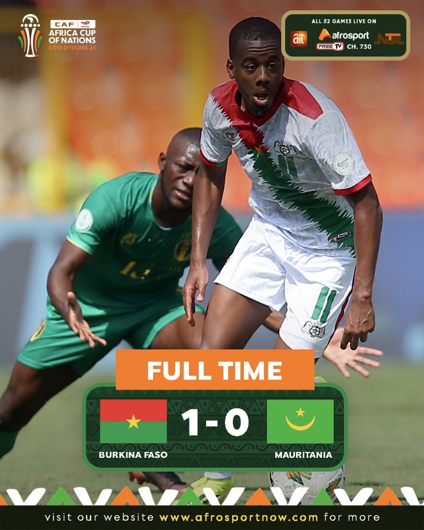 AfroSportTV's tweet photo. Bertrand Traore🏇 hits it home from the spot to snatch all three points in an intense showdown. Burkina Faso🇧🇫 1-0 Mauritania🇲🇷
🔴 More LIVE action to come on: https://t.co/ZUX733WTC8…
#Afrosport #TotalEnergiesAFCON2023 #BFAMRT https://t.co/k8F2O2TqUY