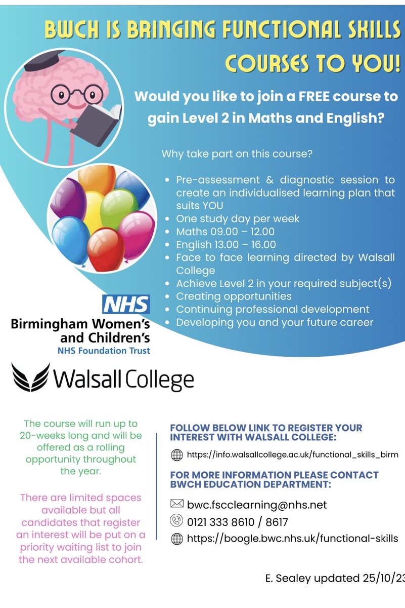 FAO BWC Staff members! 

We offer Functional Skills! See poster for further details- please share with your contacts.