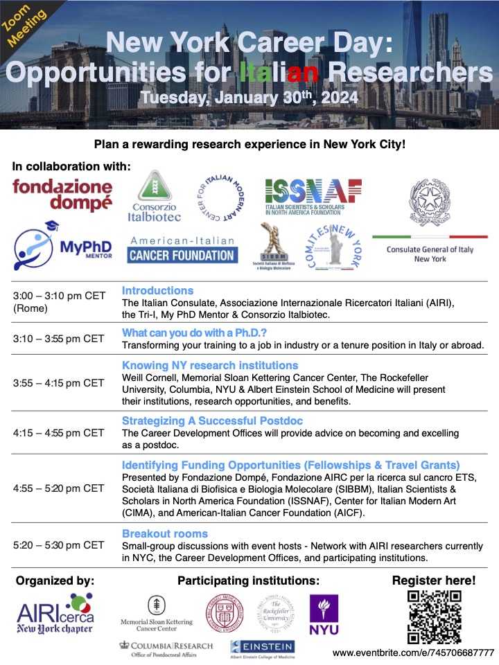 Exciting news! Our annual #CareerDay returns on Jan 30th! 📆 Join our #virtual event for insights on securing #research positions in #NYC, #postdoc success, and uncovering fellowships/grants. Don't miss this chance to elevate your research #career! eventbrite.com/e/new-york-car…