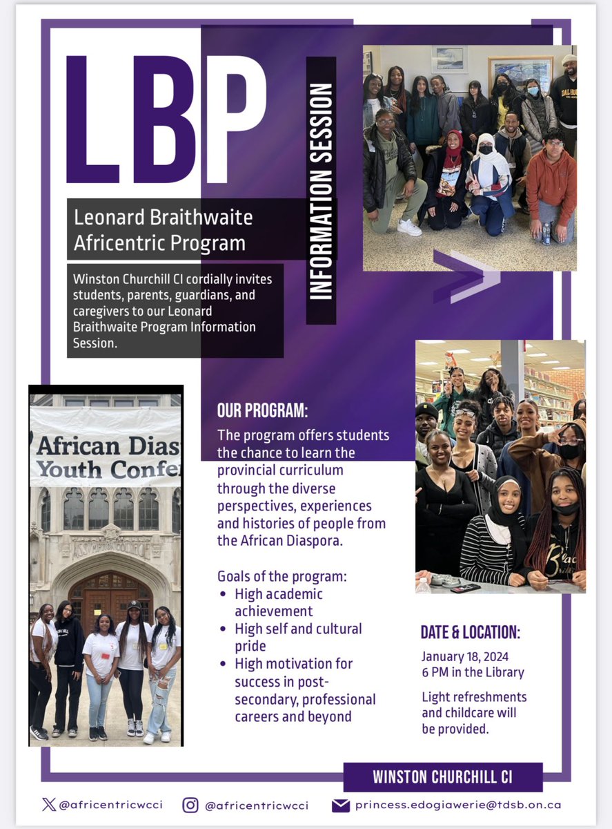 Are you interested in applying for the Leonard Braithwaite Africentric Program for September 2024? WCCI invites students and parents to our Information Session on Thursday, January 18 at 6 PM in the library. Register here: forms.gle/DNWCFVaG5QeDYV…