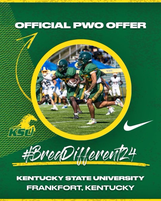 After a great conversation with <a href="/Coach_Atkins5/">Coach Atkins</a>. I am blessed to receive a offer (PWO) to Kentucky State University🟢🟡⚪️. <a href="/KYSUFB/">Kentucky State University Football</a> <a href="/F_Huggins80/">Felton Huggins Jr.</a> <a href="/murrayhighFB/">Melvin Cunningham</a> <a href="/Dickerson_Coach/">Coach Dickerson 🐯</a> <a href="/Coach_Hugo33/">Hugo Hernandez</a> <a href="/MurrayTigerFB/">Tiger Football Community</a>