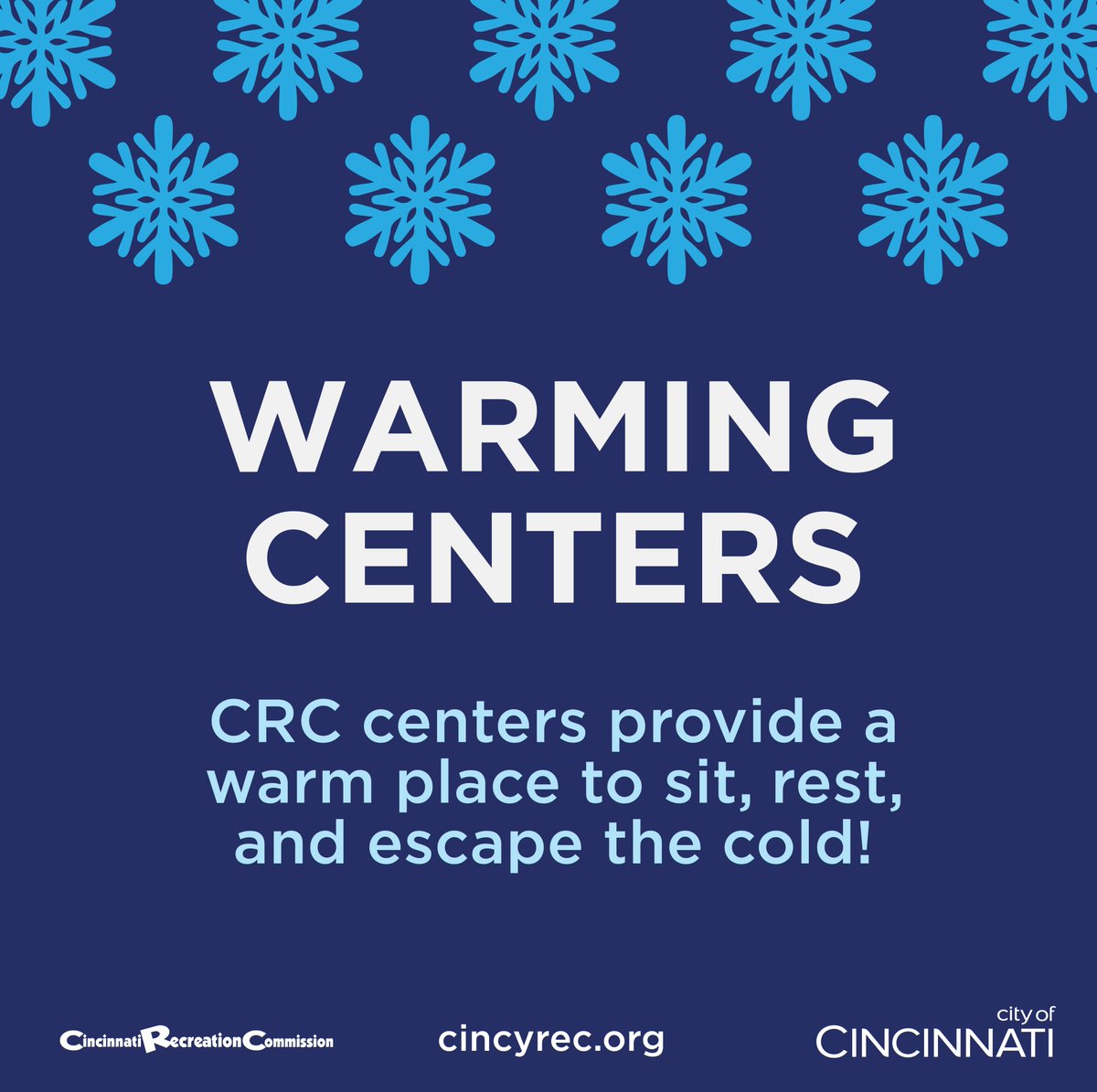 City of Cincinnati (@cityofcincy) on Twitter photo As cold weather continues this week, we're reminding Cincinnatians that ALL <a href="/cincyrec/">Cincinnati Recreation Commission</a> centers are open as warming centers during regular operating hours. Please help us spread the word and encourage people who need a place to warm up to visit our centers. cincinnati-oh.gov/recreation/fac… As cold weather continues this week, we're reminding Cincinnatians that ALL <a href="/cincyrec/">Cincinnati Recreation Commission</a> centers are open as warming centers during regular operating hours. Please help us spread the word and encourage people who need a place to warm up to visit our centers. cincinnati-oh.gov/recreation/fac…