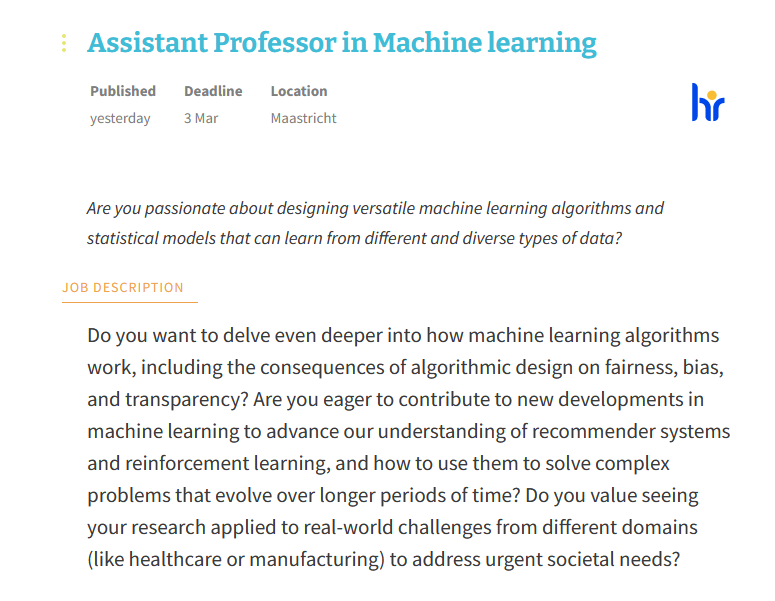 UM_DACS's tweet photo. We are looking for a new Assistant Professor in Machine Learning to join our department!

Application deadline: March 3
More details: https://t.co/aglWmDhaRl

#vacancies #academia #MachineLearning https://t.co/cCcNFI96cZ