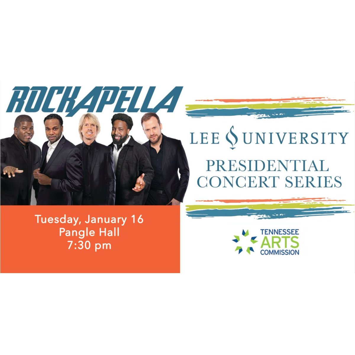 The Presidential Concert Series featuring Rockapella will go on as planned tonight at 7:30 PM in Pangle Hall. 

Due to weather, the Lee University Box Office will be closed for Tuesday, January 16. Tickets are still available at the door or online at leeu-music.eventbrite.com