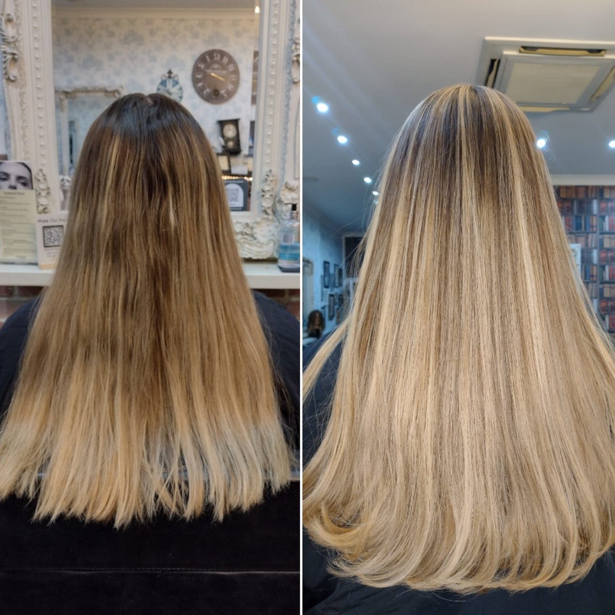 Correctional colour service: Our goal was to create a brighter, cleaner blonde on mid-lengths and ends and remove banding. Danielle used a combination of foilyage and freehand painting to achieve a seamless blend ✨ 
#Blonde #Balayage #Foilyage #BlondeSpecialist #ColourCorrection