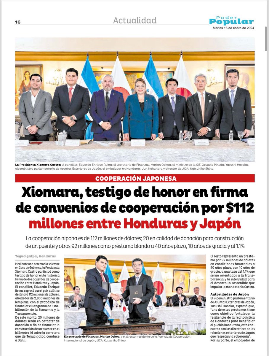 SEFINHN's tweet photo. 🗞️Semanario del Poder Popular:

Presidenta @XiomaraCastroZ, testigo de honor en firma de convenios de cooperación por $112 millones entre Honduras y Japón

🇭🇳🫱🏻‍🫲🏼🇯🇵 https://t.co/OMDE0sd5X3