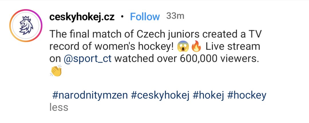 The U18 gold medal match set a TV record for women's hockey in Czechia! 

#U18WomensWorlds