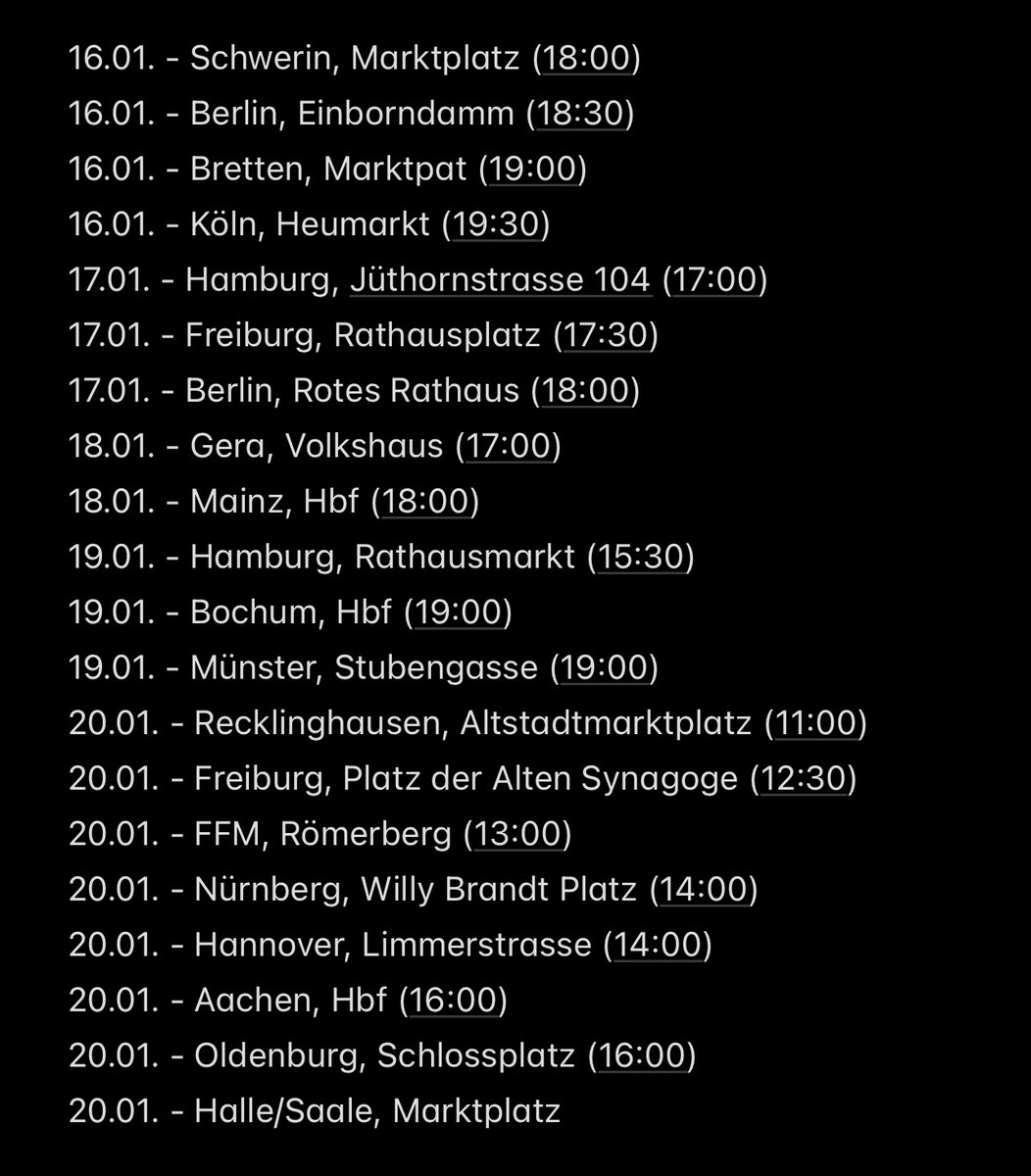 Wir wissen  alle, worum es geht. Hier ein paar der Demonstrationen in den nächsten  Tagen. Hamburg, wir sehen uns am Freitag am Rathausmarkt.