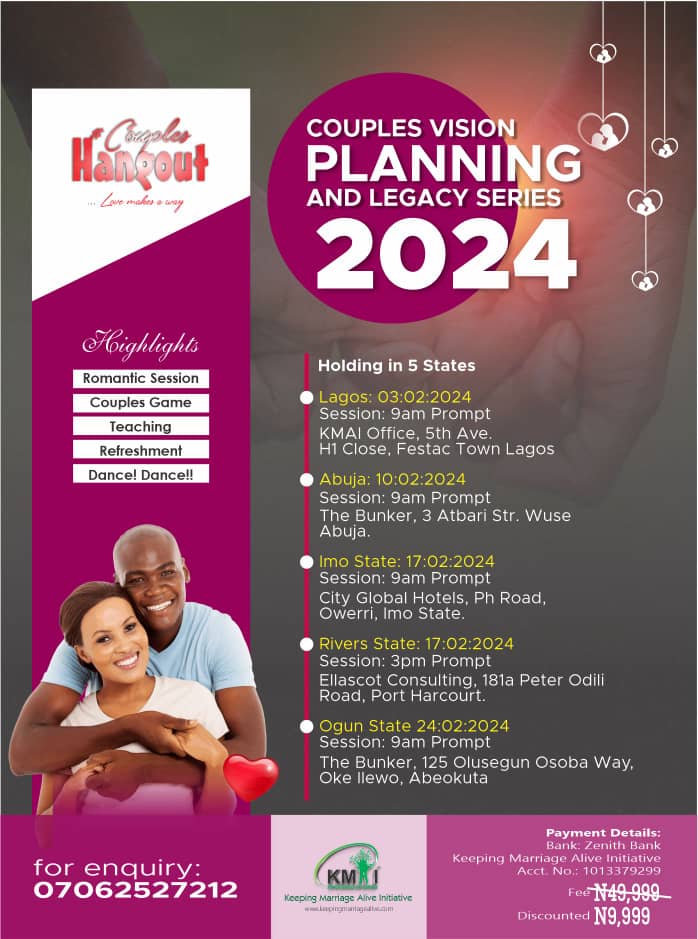 AliveKMA's tweet photo. 📌 The Couples Vision Planning and Legacy Series, 2024 is here 💃🏽🕺🏽😍!

*5 STATES, 5 VENUES, IN THE MONTH OF FEBRUARY.*

CHECK THE DETAILS BELOW ⬇️
https://t.co/fOz6lDBsHf

#SaveTheFamily 
#Keepingmarriagealive 
#GoalSetting https://t.co/JWqhzD6T4N