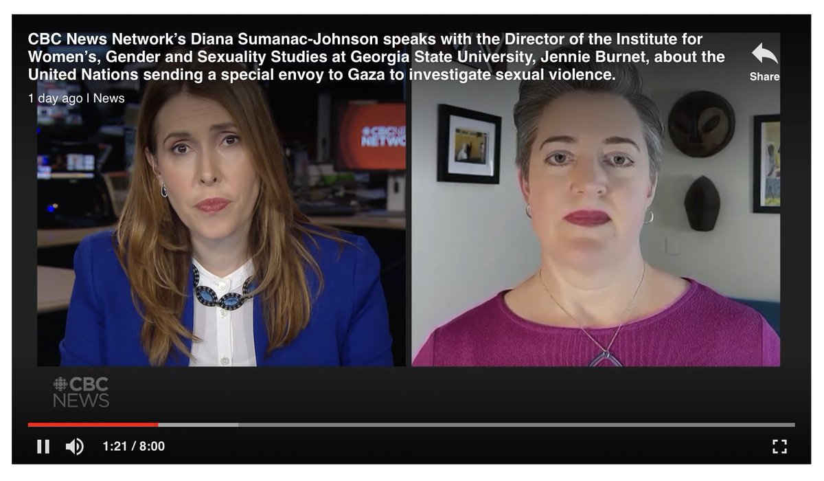 In The News: @GeorgiaStateU Professor of Anthropology, Director of the Institute for Women’s, Gender and Sexuality Studies at GSU, Dr. Jennie Burnet on @CBCNews talks the United Nations sending a special envoy to Gaza to investigate sexual violence. tcv.gsu.edu/2024/01/16/in-…