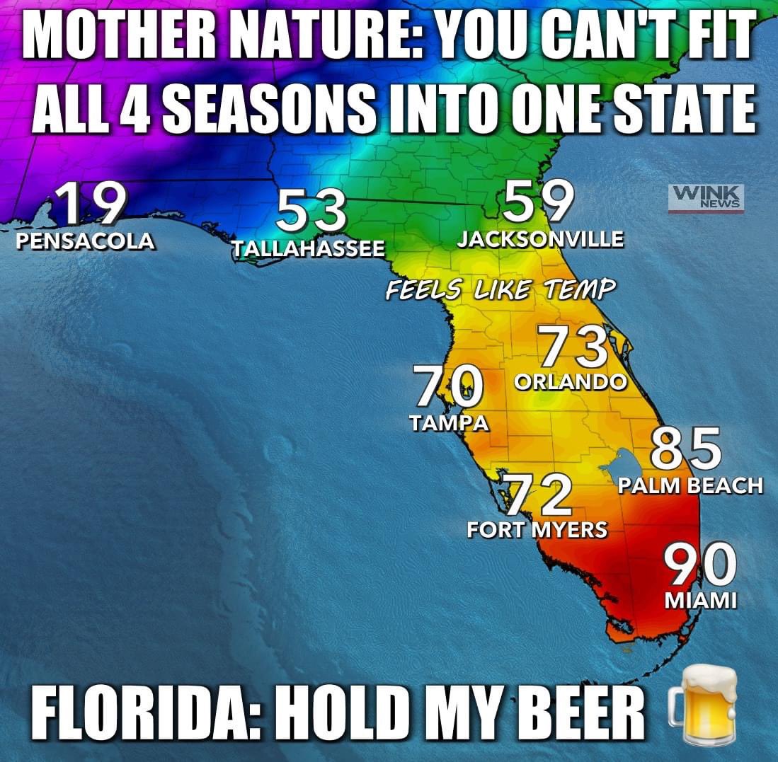 Meanwhile in Florida. 70° spread in “feels like” temps right now. 🥶🥵
