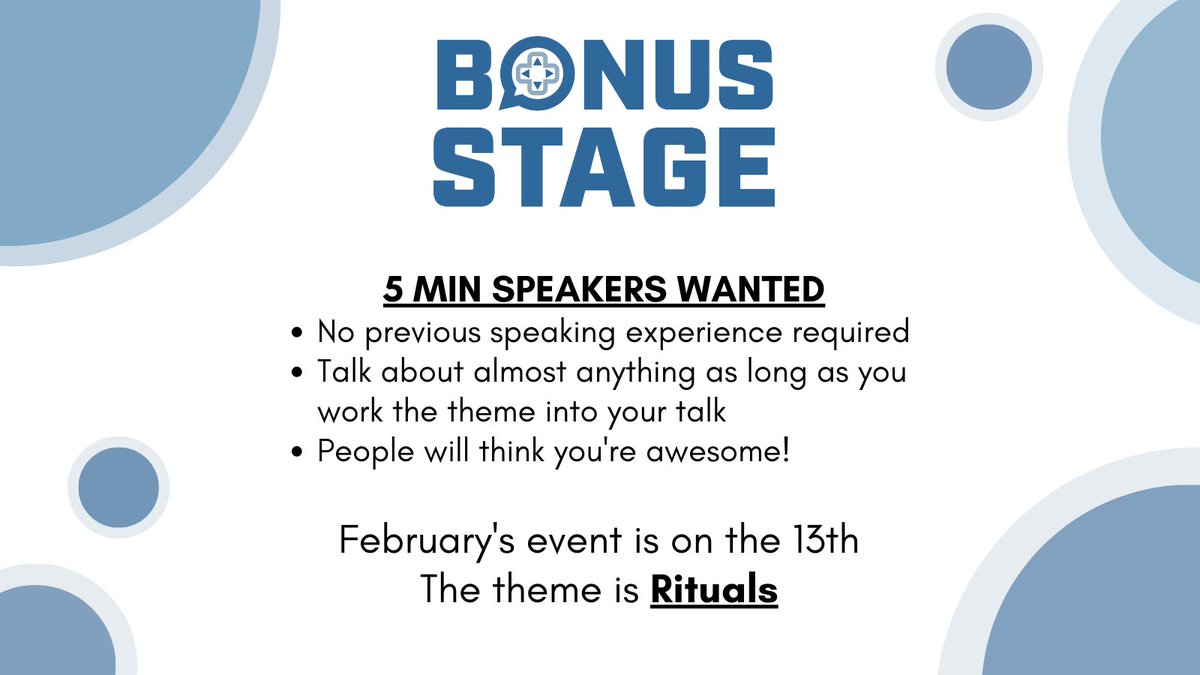 BonusStageTO's tweet photo. We are looking for 5-minute speakers for the next Bonus Stage on Feb 13th!👀 

We all have something we could talk about for 5 minutes and now is your chance!  

February's theme is Rituals🙌

Sign-Up here: https://t.co/kK6IeUSooA 

#toronto #gamedev #torontoevents #BonusStageTo https://t.co/1wYkhRXUmG