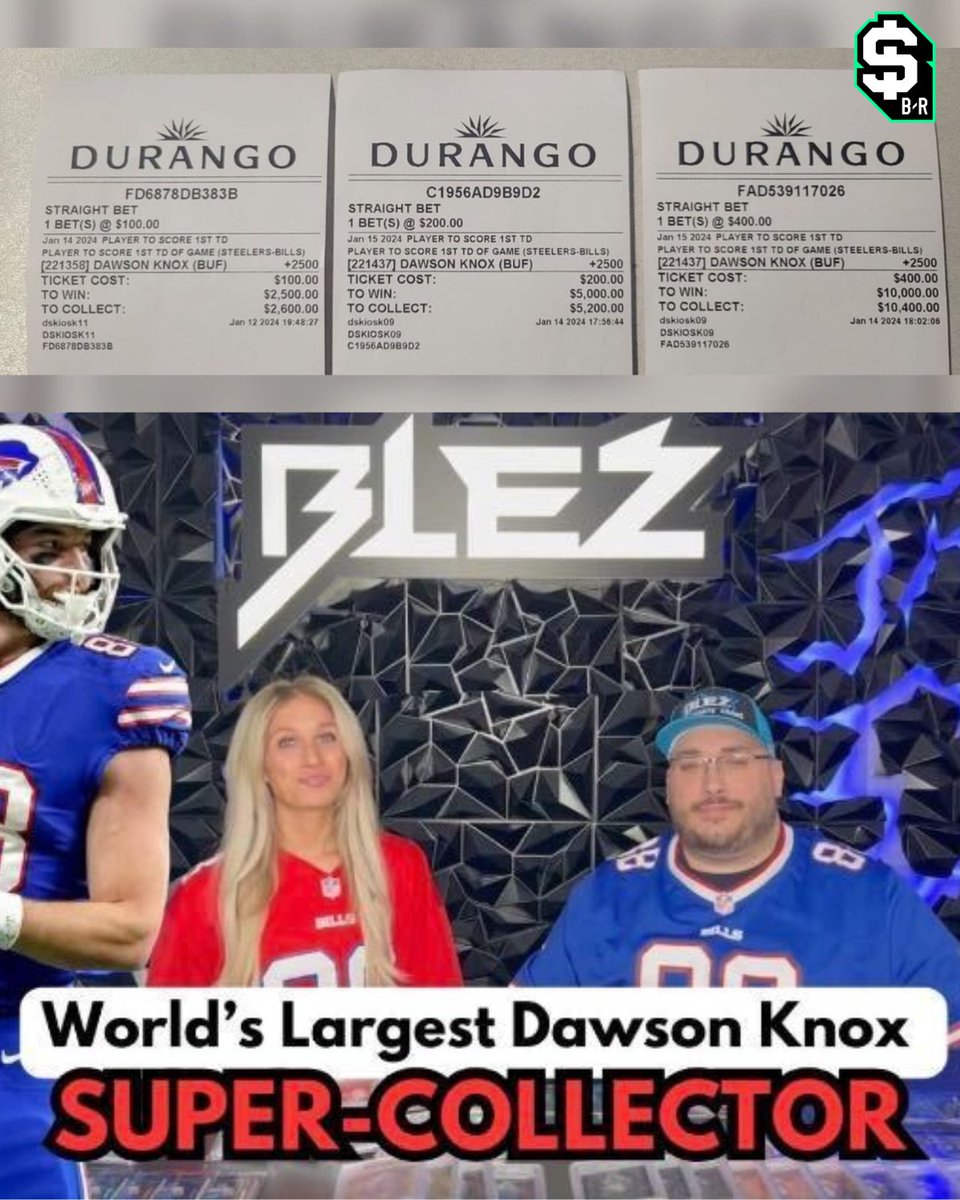 br_betting's tweet photo. Dawson Knox has scored the Bills first TD in their last four wild card games...

The 'World's Largest Dawson Knox collector' won $17K off the trend 😮

(via sara.b.jordan/IG @blezsportscards @DDillman3510) https://t.co/2MKKP4A3z8