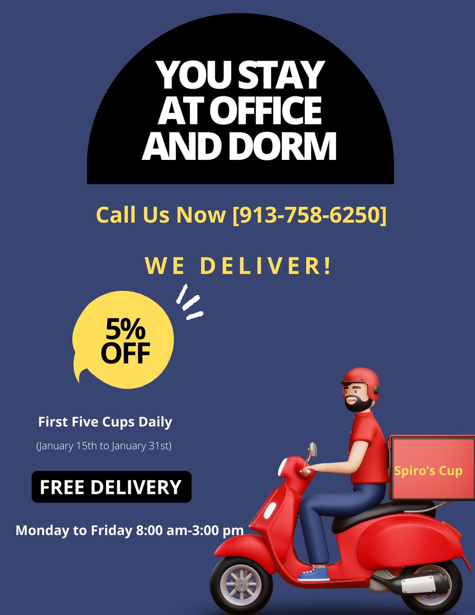 Enjoy the convenience of FREE delivery and savor the first five cups at an exclusive 5% off. 

📦 Free Delivery 
☕ 5% Off the First Five Cups Daily
Call us at [913-758-6250] and let the coffee magic come to you! ☕✨