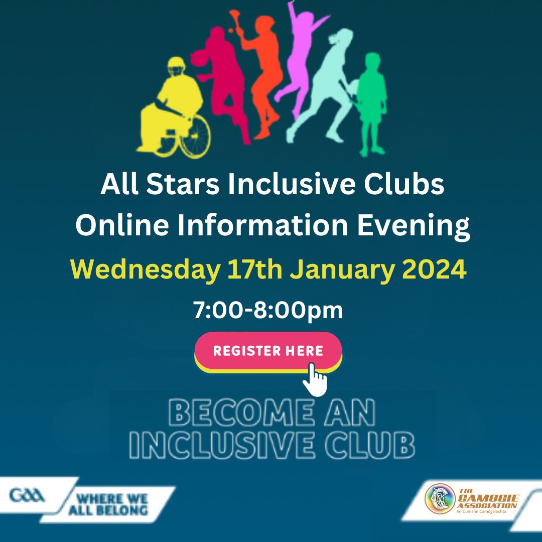 The All Star Inclusive Clubs Programme online information evening facilitated by Ger McTavish, GAA Diversity & Inclusion Manager, takes place tomorrow evening at 7pm. ⭐ Register here: us02web.zoom.us/meeting/regist…