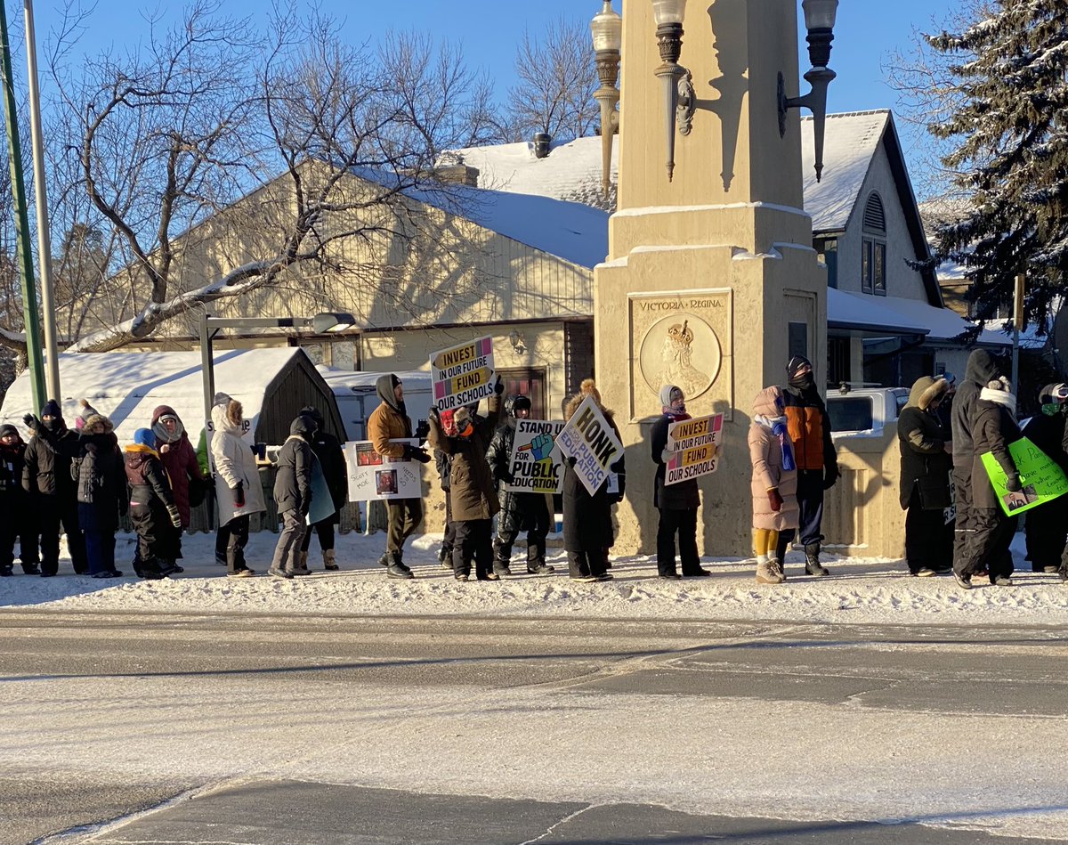 DKivela's tweet photo. We are outside today because things aren’t right on the inside! We support our students and #ISupportSTF @SaskTeachersFed https://t.co/VofAnXzGeh