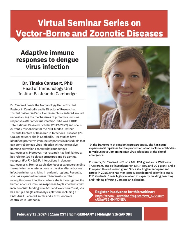 Vasilakis_Lab's tweet photo. Looking forward joining us on Feb. 13 for Dr Cantaert's webinar on "Adaptive immune responses to dengue virus infection". Register: https://t.co/MdEiIKM0RK. @CREID_Network @PI_CREID @ASTMH @ACAV_ASTMH @create_neo @sbviro @Virology_FAMERP @ihii_utmb @AmerSocVirol @UTMBProvost https://t.co/EQCZW5enwU