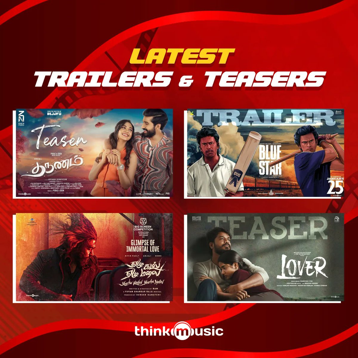 thinkmusicindia's tweet photo. Get ready to be entertained! Trailers, teasers, and songs - we've got it all on @YouTube

Checkout now! https://t.co/VomrAgtqpD

#NewSongs #VandhaMala #Thaensudare #SaaralAagindraMazhai #NaragaMelangal #Velagaadha 

#NewTrailers #Tharunam #BlueStar #YezhuKadalYezhuMalai #Lover

#ThinkMusic