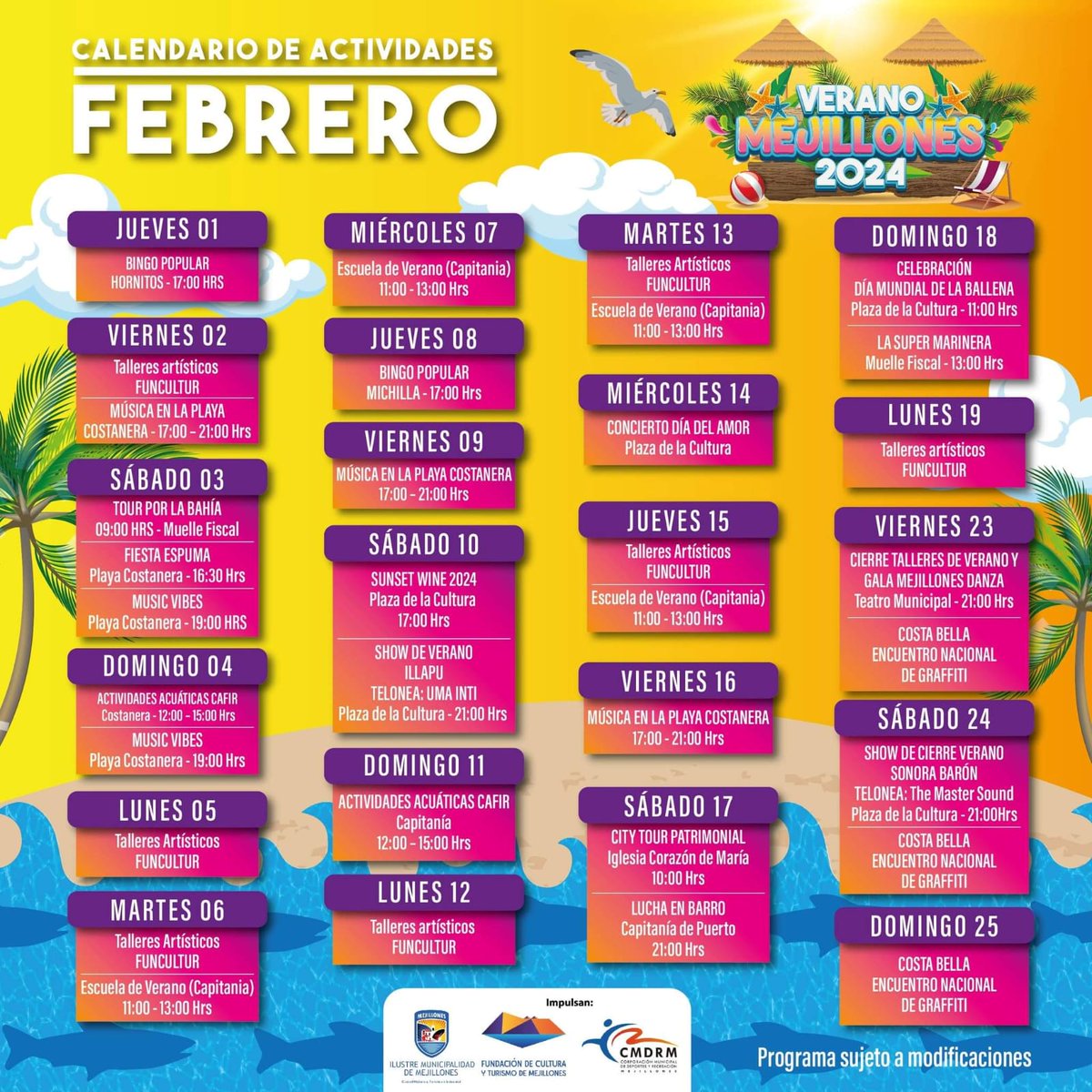 🏖 ¡Comunidad de Mejillones! comenzamos la semana compartiendo los hitos más importantes de la programación de verano impulsada por la Municipalidad de Mejillones, la Fundación de Cultura y Turismo de Mejillones y la Cordep Cmdrm Mejillones. El verano se vive en Mejillones...