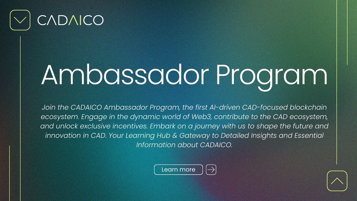 We're thrilled to announce the launch of our  #AmbassadorProgram! Join us in leading the charge in the #AI -driven, CAD-focused #blockchain world. 🌟 Be a part of our journey in #Web3, contribute to innovation, and enjoy exclusive #perks.   
Join here: tinyurl.com/4vu4rhta