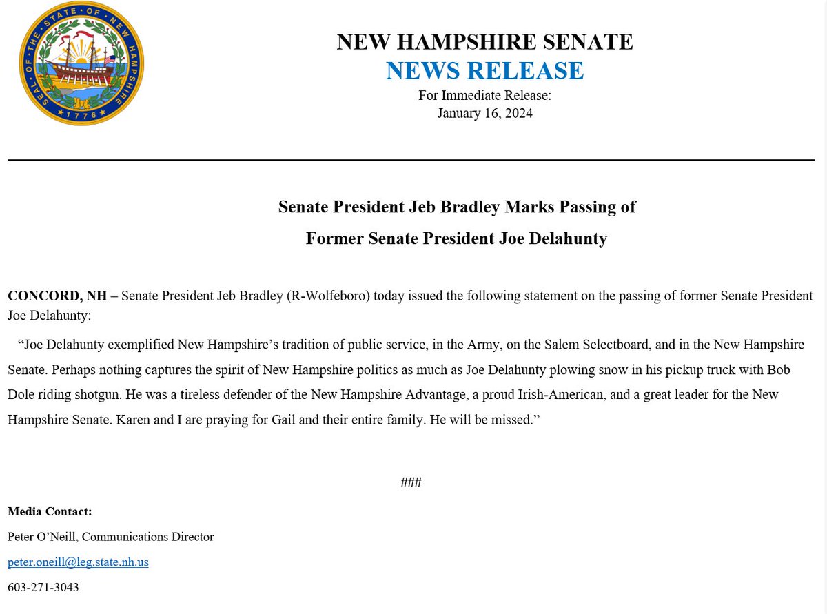 Senate President Jeb Bradley Marks Passing of Former Senate President Joe Delahunty #NHPolitics #NewHampshire