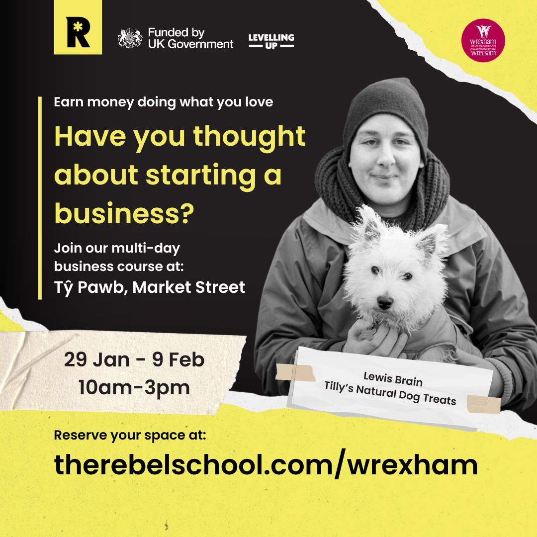 We would like to share some exciting news with you as part of the Business and Investments Teams Shared Prosperity Fund project. We are working with The Rebel School to run a free self-employment course at TyPawb between 29th Jan to the 9th Feb 2024. therebelschool.com/wrexham