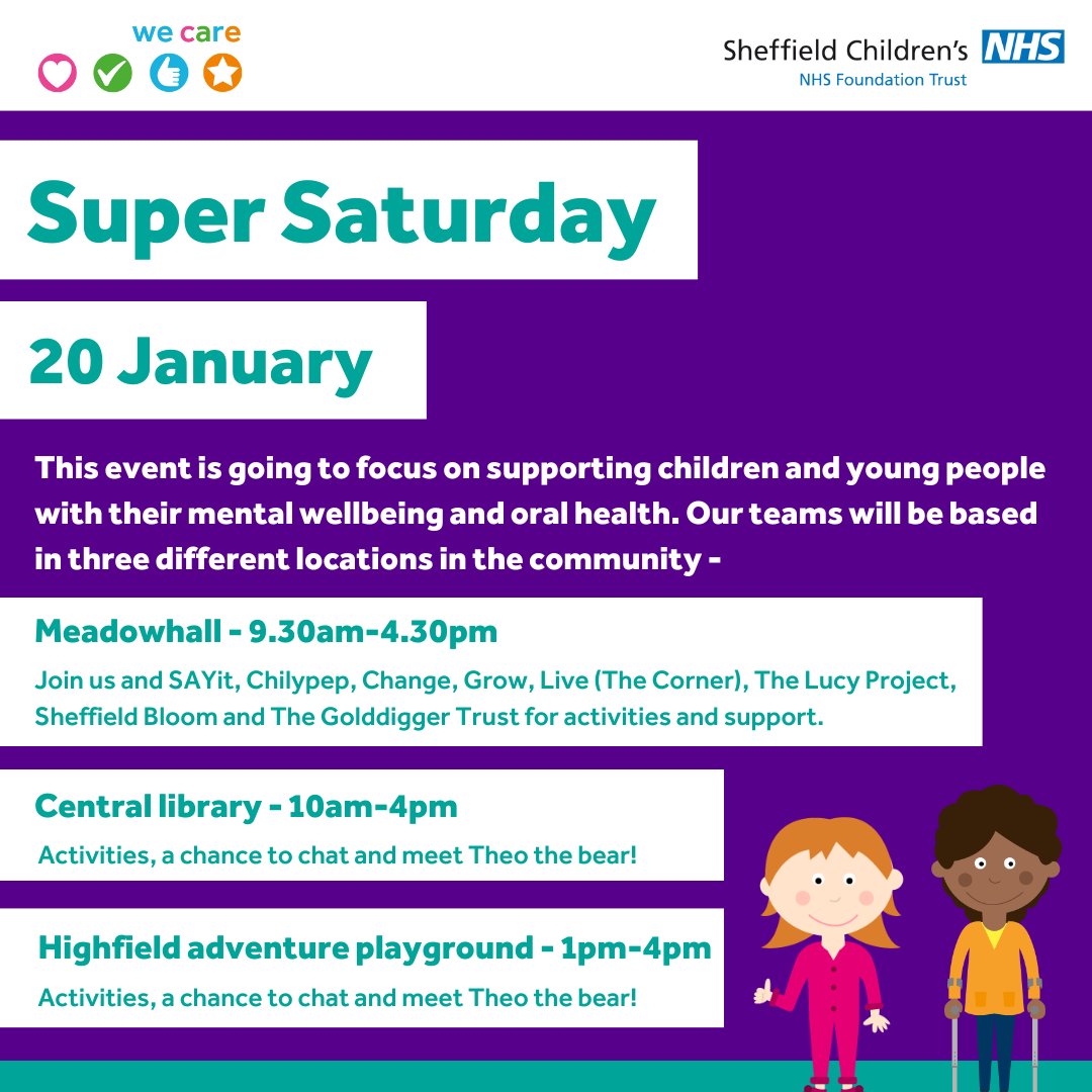 We're ready for another Super Saturday this weekend! It’s our first event which will focus children and young people's mental wellbeing and you can meet our teams at... ❤ @LoveMeadowhall ❤ Sheff Central Library (@SheffLibraries) ❤ Highfield Adventure Playground (@SharrowCF)