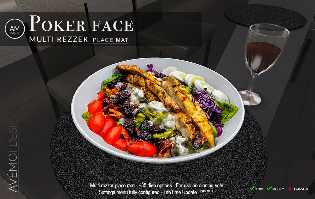 avemoidesignsSL's tweet photo. The Poker Face dinner Place Mat is now out and ready for sale #inworld in #SecondLife ! Check it out here https://t.co/WDDxNtBuhS or at the #SLMarketplace https://t.co/CigkGONnh1
#VirtualReality #SL https://t.co/8QledogJGu