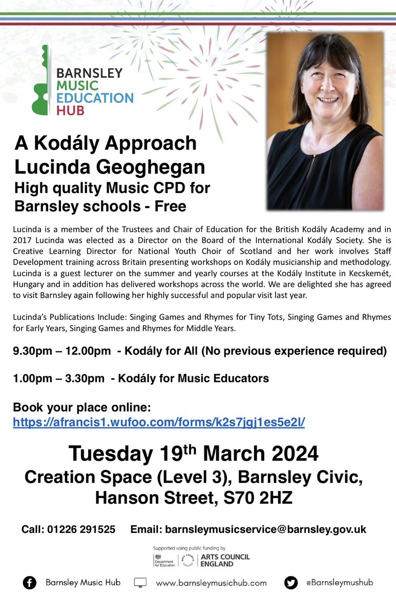 High quality music CPD for Barnsley school staff and music tutors <a href="/KodalyUK/">BritishKodályAcademy</a> #LucindaGeohegan @BarnsleyCivic @tykesta <a href="/hcat_learning/">HCAT Teaching & Learning</a> <a href="/BarnsleyCouncil/">Barnsley Council</a> 
Book: afrancis1.wufoo.com/forms/k2s7jgj1…