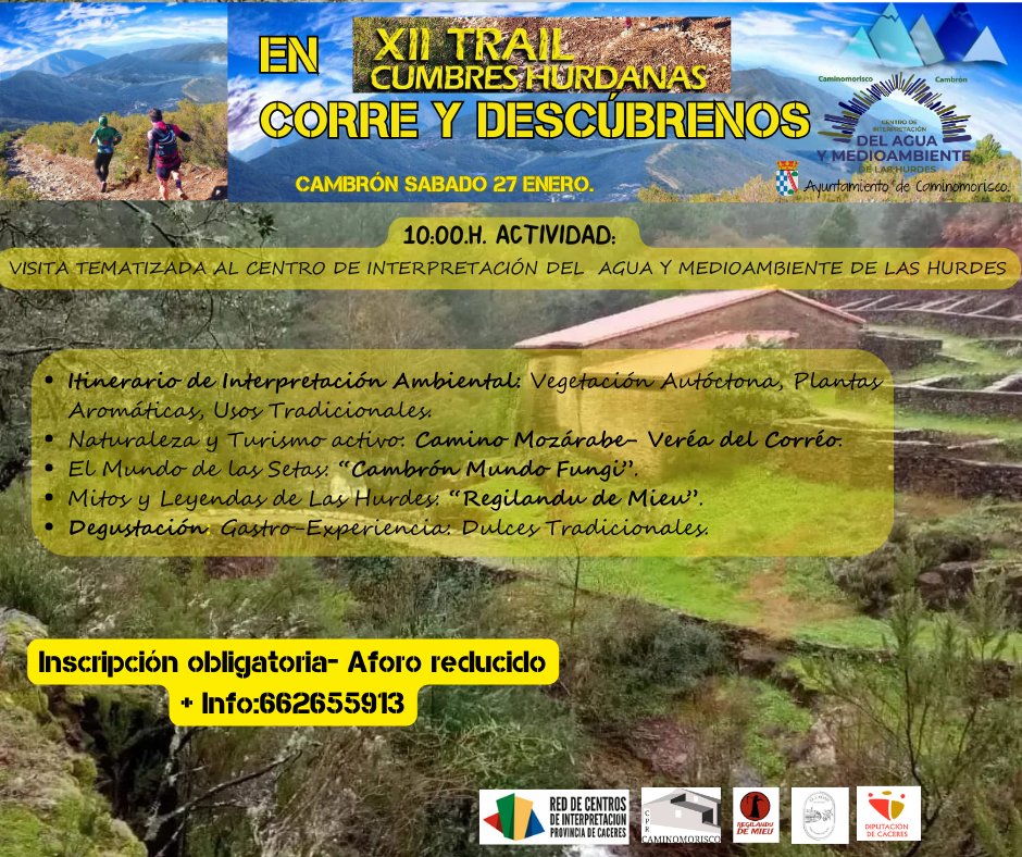 #cambron #valledecambron #ayuntamientodecaminomorisco 
En XII TRAIL CUMBRES HURDANAS, ¡Corre y Descúbrenos....!🏃‍♀️🏃🏃‍♀️👀🧐
#Centrodeinterpretaciondelaguaymedioambientedelashurdes
#trailcumbreshurdanas 
#LasHurdes 
#livingLaVidaRelax
@Turismo_DipCC
@DiputacionCC