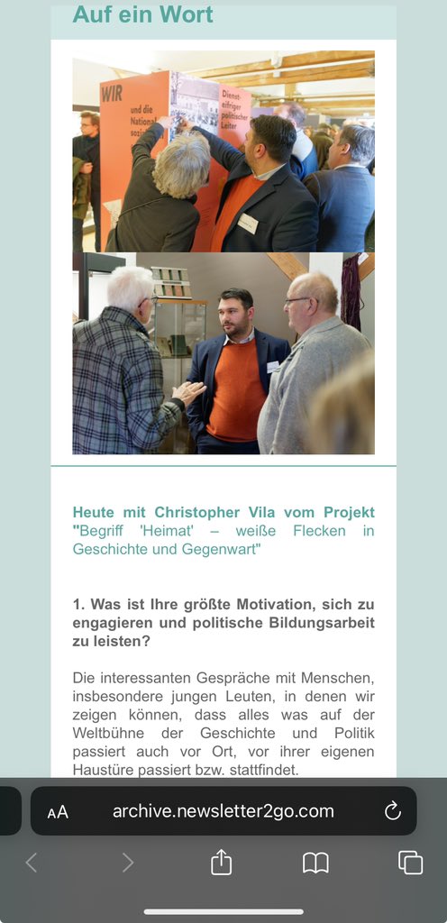 Habt Ihr schon den neuen Newsletter vom Programm #MiteinanderReden gelesen? 
In der Serie „Auf ein Wort“ darf ich kurz unseren Blick auf das zivilgesellschaftliche Engagement vorstellen!

-> archive.newsletter2go.com/?n2g=if4obrar-…

#Ehrenamt #Engagement #Kultur #PolitischeBildung